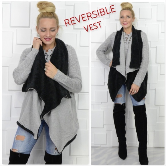 REVERSIBLE VEST WITH BLACK FUX FUR